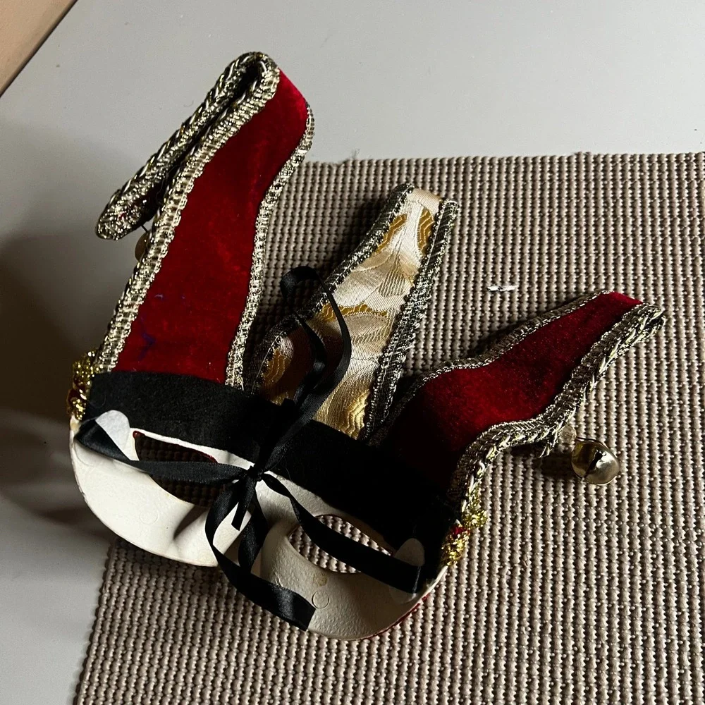 Venetian Jester Masquerade Mask Red Gold Glitter Harlequin Mardi Gras Bell Lion